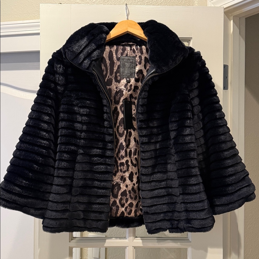 Guess NWT Black 3/4 Sleeve Cropped Faux-fur Jacket